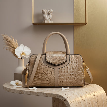 [Crocodile Embossed Satchel] Women's Crocodile Embossed Satchel Handbag Beige Top Handle Purse with Detachable Shoulder Strap Structured Tote Bag