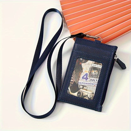 1pc Casual Faux Leather Card Holder with Lanyard, Zippered ID Case, Unlined, Hand Washable, with Lanyard for Card Storage