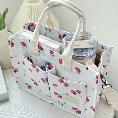Tote Bag for Women Patched Purse Cute Shoulder Bag Multi-Pocket Satchel Handbag for Work Travel, Strawberry, Cherry, Daisy