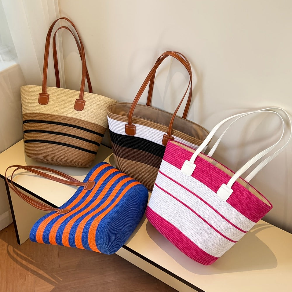 Casual Straw-Woven Women'S Tote Bag And Straw Hat Two-Piece Set, Wide-Brimmed Sun Hat And Large-Capacity Tote Bag, Beach Sun Protection Straw Bag Set, Fashionable Seaside Vacation Straw Two-Piece Set