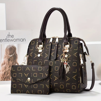 Fashion Alphabet Printed Handbag 2pcs Clash Color Crossbody Casual Work Ladies Bag Tassel Charm Gift Women's Bag Set
