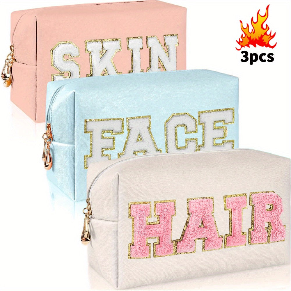 3pcs 3pcs Preppy High Quality Synthetic Leather Makeup Bag Suitable for Women - Chenille Cosmetic Organizer with Cute Zipper, Soft Toiletry Pouch for Travel,, Daily Use