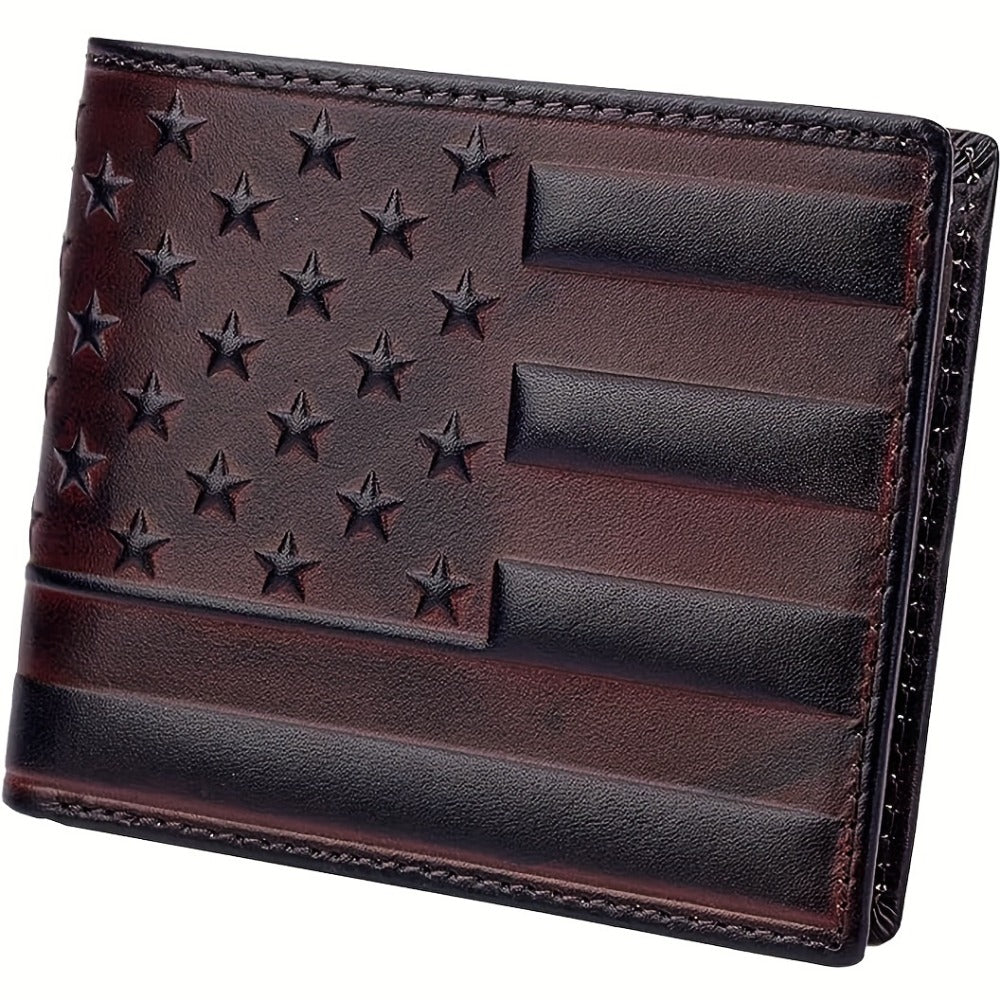1pc Brown Genuine Leather Wallet Featuring an Embossed Flag Pattern, Designed in a Vintage Western Cowboy Style with Exquisite USA Flag Stars. It Has a Bifold Design with ID Windows And Card Slots, Making It a Short Bifold Wallet