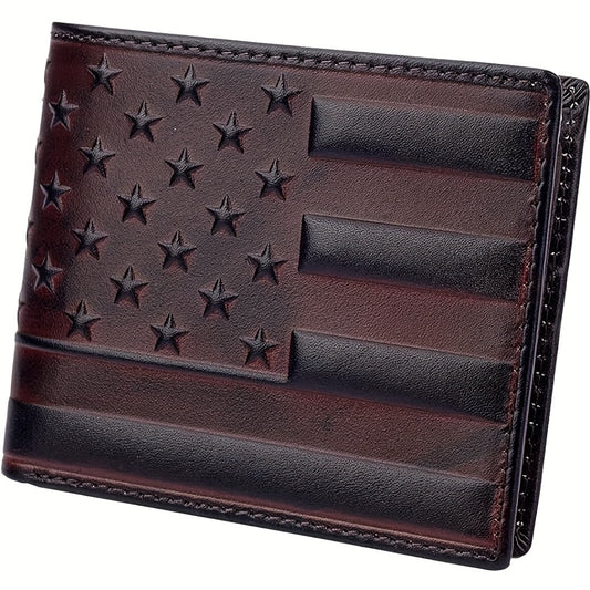 1pc Brown Genuine Leather Wallet Featuring an Embossed Flag Pattern, Designed in a Vintage Western Cowboy Style with Exquisite USA Flag Stars. It Has a Bifold Design with ID Windows And Card Slots, Making It a Short Bifold Wallet