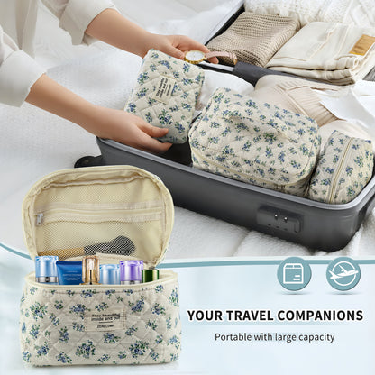Cute Quilted Floral Makeup Bag (3Pcs)Coquette Aesthetic Cosmetic BagTravel Toiletry Bags Kawaii Aesthetic pouch for Women