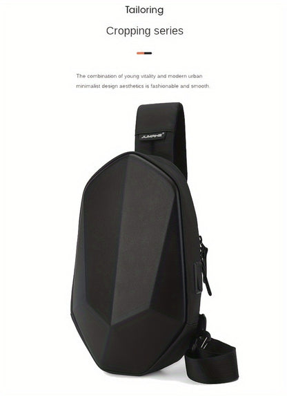 [Hard Shell Chest Bag] JUAMHE Men's Geometric Hard Shell Chest Bag, Scratch-Resistant and Crossbody Backpack with USB Port, Everyday Casual Bag