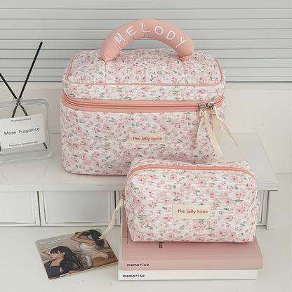 Women'S Corduroy Makeup And Toiletry Organizer Bag - Large Capacity Lightweight Travel Cosmetic Case with Zipper Closure, Durable Fabric for Daily Use And Trips, Pastel Pink And Floral Design