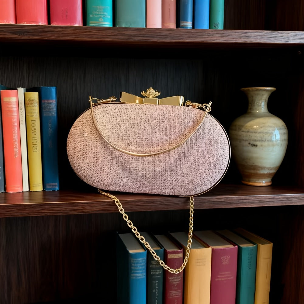 [Party Banquet Festival] Oval Glittery Evening Clutch Bag - Sparkly Bow Detail Metal Handle Chain Shoulder Purse for Party Banquet Music Festival (Multiple Colors)