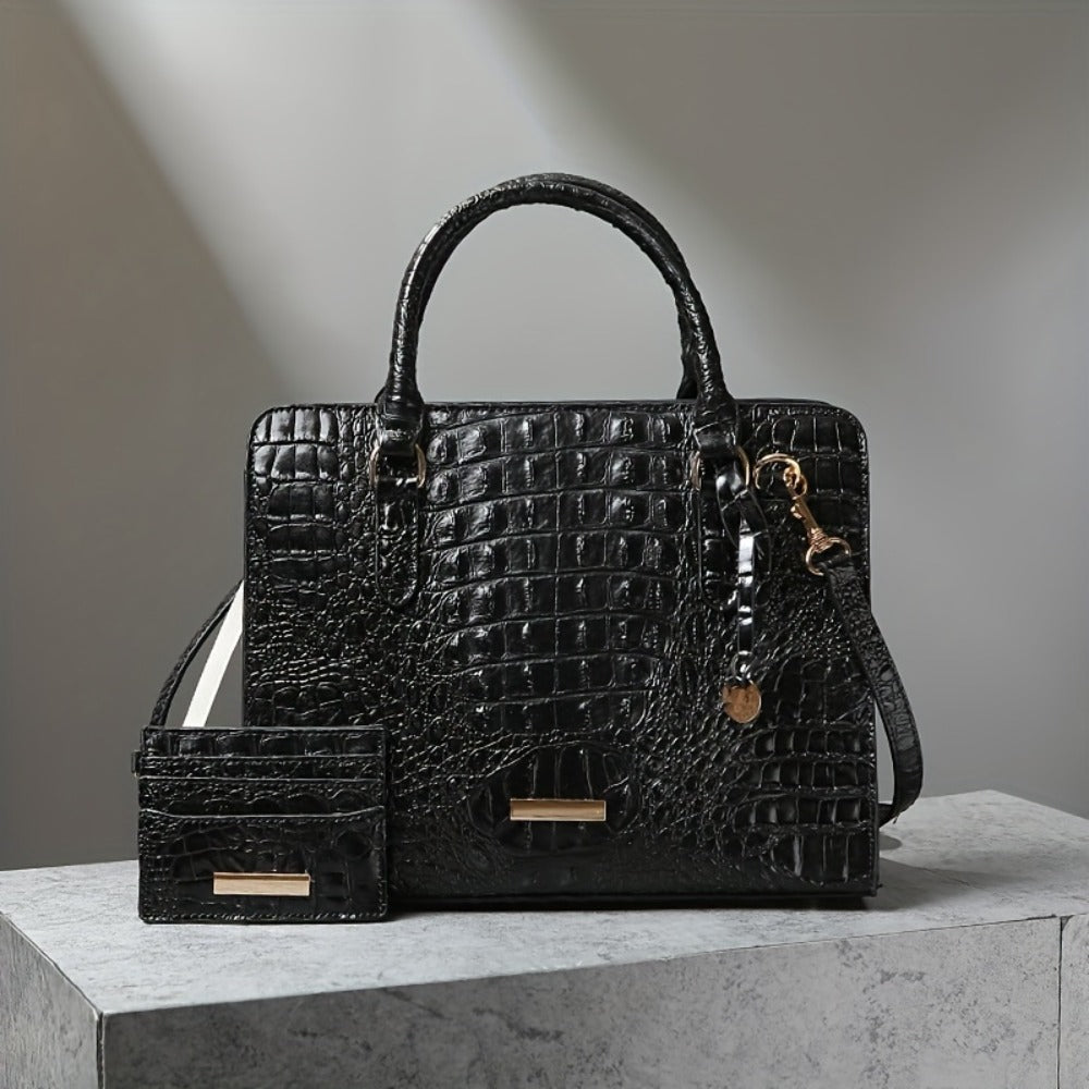 Set of 2pcs Featuring a Crocodile Pattern in Faux Leather, with a Roomy Interior, a Trendy Shoulder Strap, And a Fashionable Clutch Purse. This Stylish Accessory Is Perfect for Work, Everyday Use, And Special Events - Made with Premium Quality