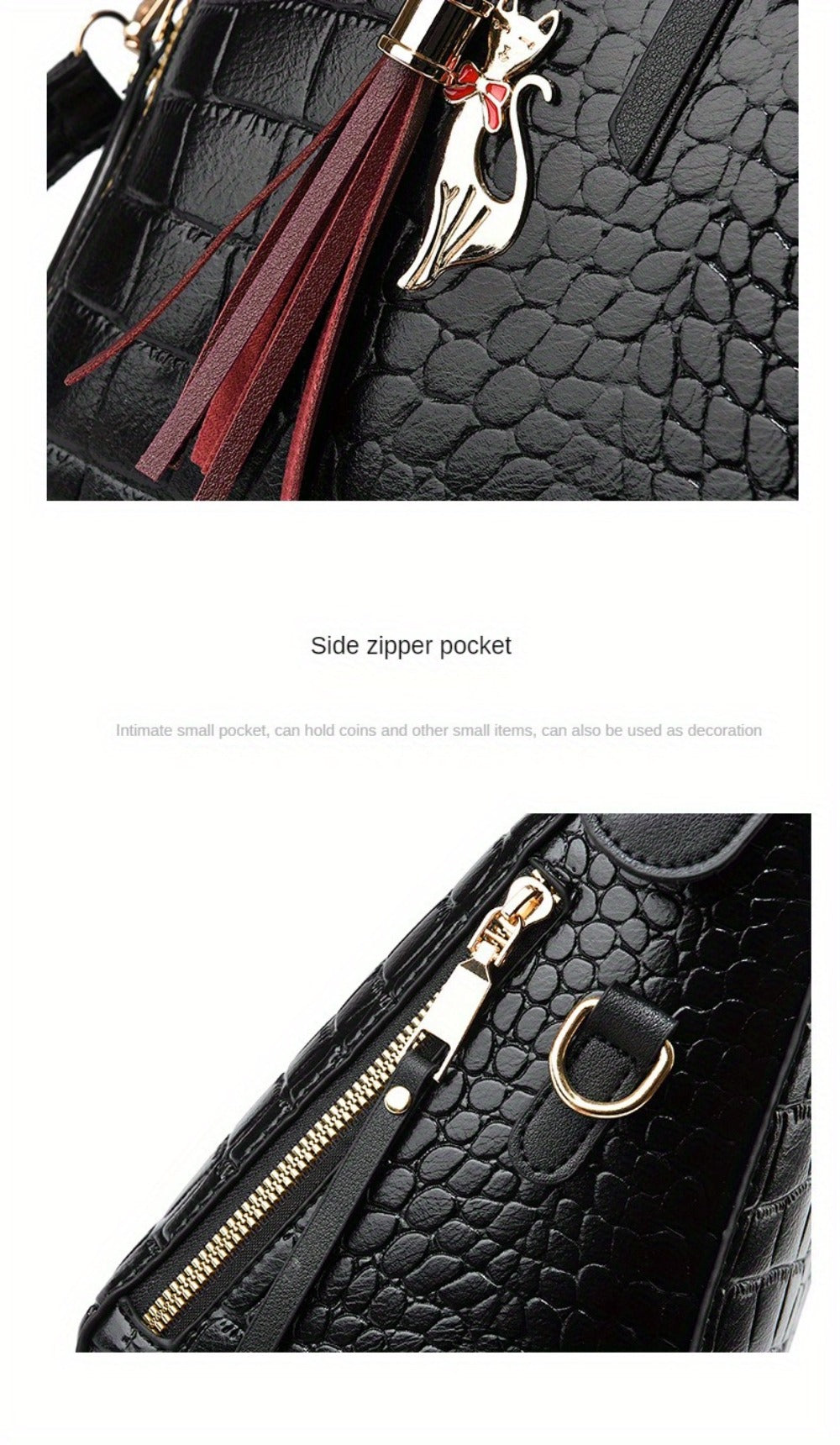 Fashion Crocodile Pattern Women's Handbag 2pcs Set, Women's Shoulder Bag with Tassel Decoration, Metal Cat Pendant Crossbody Bag