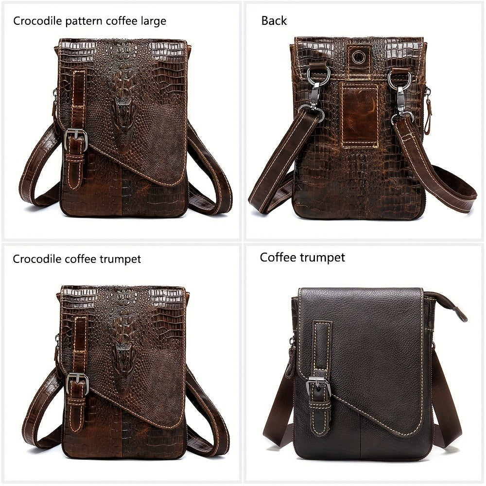1pc Crocodile Pattern Men's Genuine Leather Messenger Bag Cow Genuine Leather Shoulder Bag Retro Multi-Functional Messenger Bag