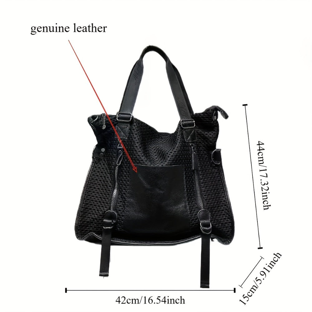 Women's Large Capacity Vintage Tote Bag - Genuine Top-Grain Leather, Secure Zipper Closure & Mesh-like patch, Convertible Crossbody/Handbag with Strap, Structured Bottom for Everyday, Office, Travel - Luxury Purse, Crossbody Purse