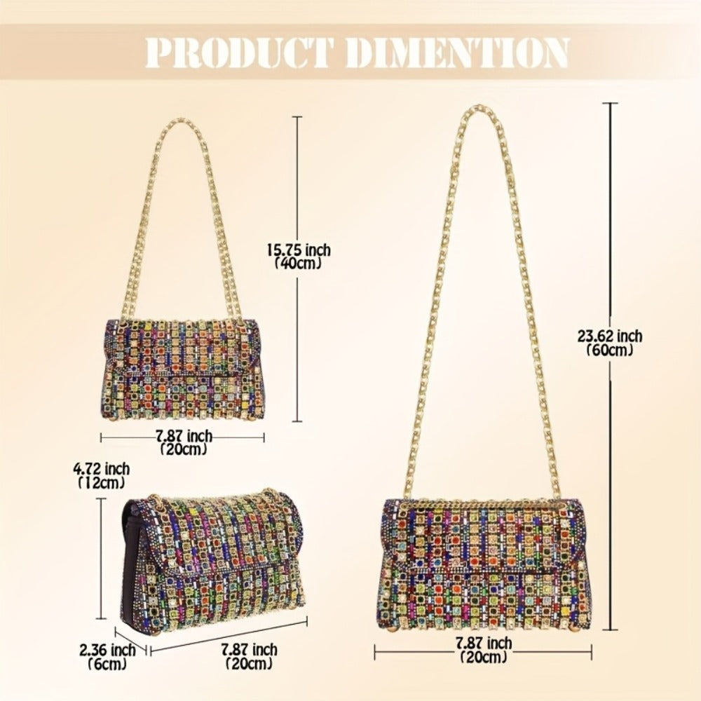Rhinestone Clutch Bag Women'S Evening Bag, Sparkling Handheld Party Wallet, Texture, Full Diamond Heavy Decoration, Large Capacity, Golden Chain Shoulder Strap, Suitable For Dinner, Party, Formal Events, Halloween Gifts, Christmas Gifts