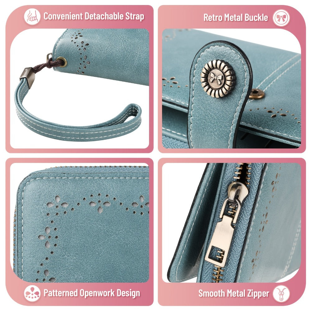 1 Pc RFID Blocking Retro Large Capacity Long Wallet PU Solid Color Women's Purse Multi-Functional Zipper Wallet with Wrist Strap Passport Ticket Credit Card Holder Can Accommodate Large Screen Phone