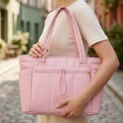 Puffer Tote Bag Women's Shoulder Bag Large Capacity Quilted Tote Bag Work Tote Bags for Women Nurse Bag with Cup Holder & Laptop Compartment & Trolley Sleeve for Travel, Work, Valentines Day Gifts