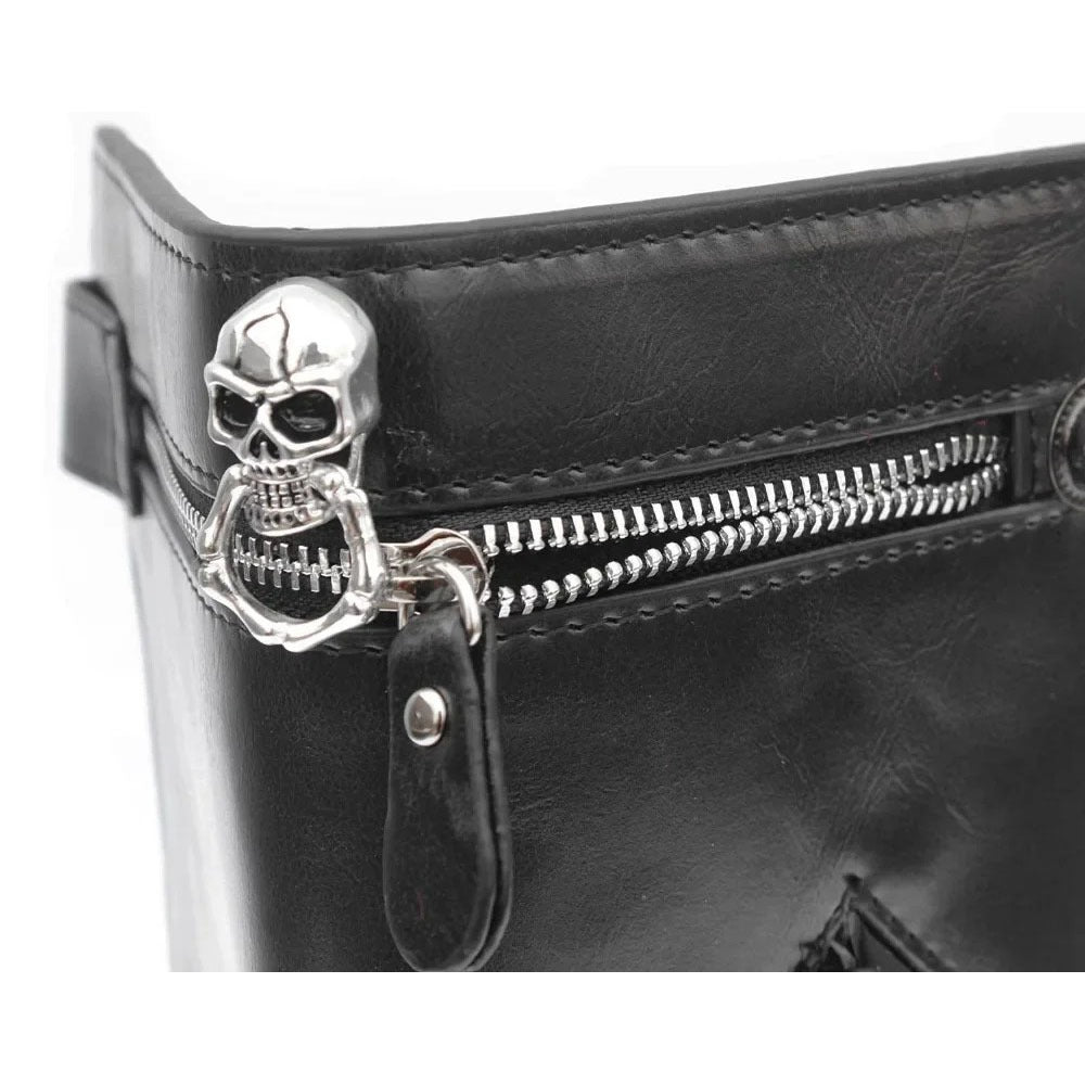 Mens Gothic Skull Cross Leather Biker Punk Wallet with a Metal Long Chain Black