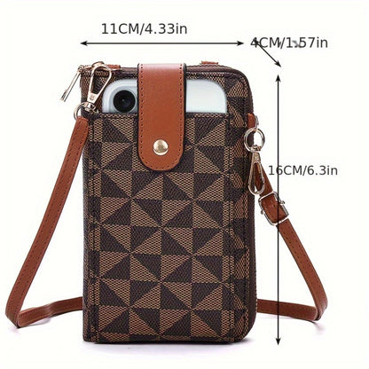 Compact Crossbody Phone Wallet for Women - Features an Adjustable Strap, Ideal for Outdoor Activities, with Various Credit Card Slots And a Zipper Closure. This Blue And Brown Geometric Patterned Mini Shoulder Bag Is Durable And Perfect for Daily Es