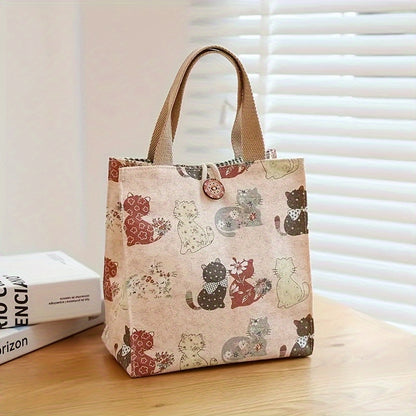 Fashionable Butterfly Printed Canvas Handbag - Portable Lunch Bag With Safety Buckle, Suitable For School, Travel, Picnicking, And Office Use
