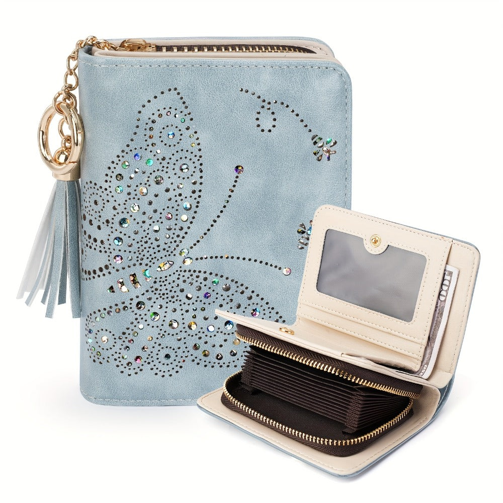 Wallet Women RFID Blocking Small Wallets With Cash Clutch Compact Bifold With Zipper Coin Pocket Ladies Credit Card Holder Glittery Butterfly Travel Purse With Tassel GREEN Mom Gift Tote Essential Daily