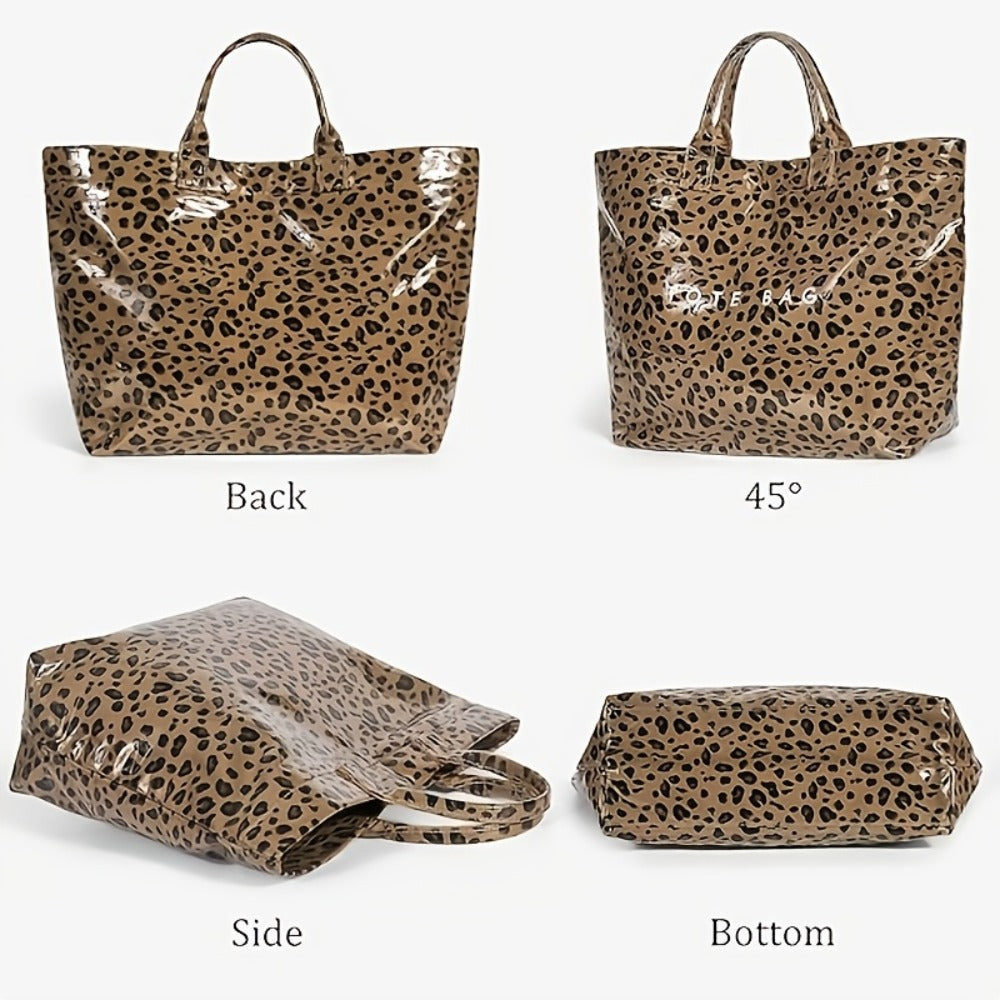 Women's Leopard Print Tote Bag, Double-layer Fabric, Classic Solid-color Handbag, PVC Fashion Bag, Stylish Large-capacity Tote Beach Bag, Portable Seaside Vacation Organizer, Travel Toiletry Bag, Pool Swimming Bag, Commuting Tote