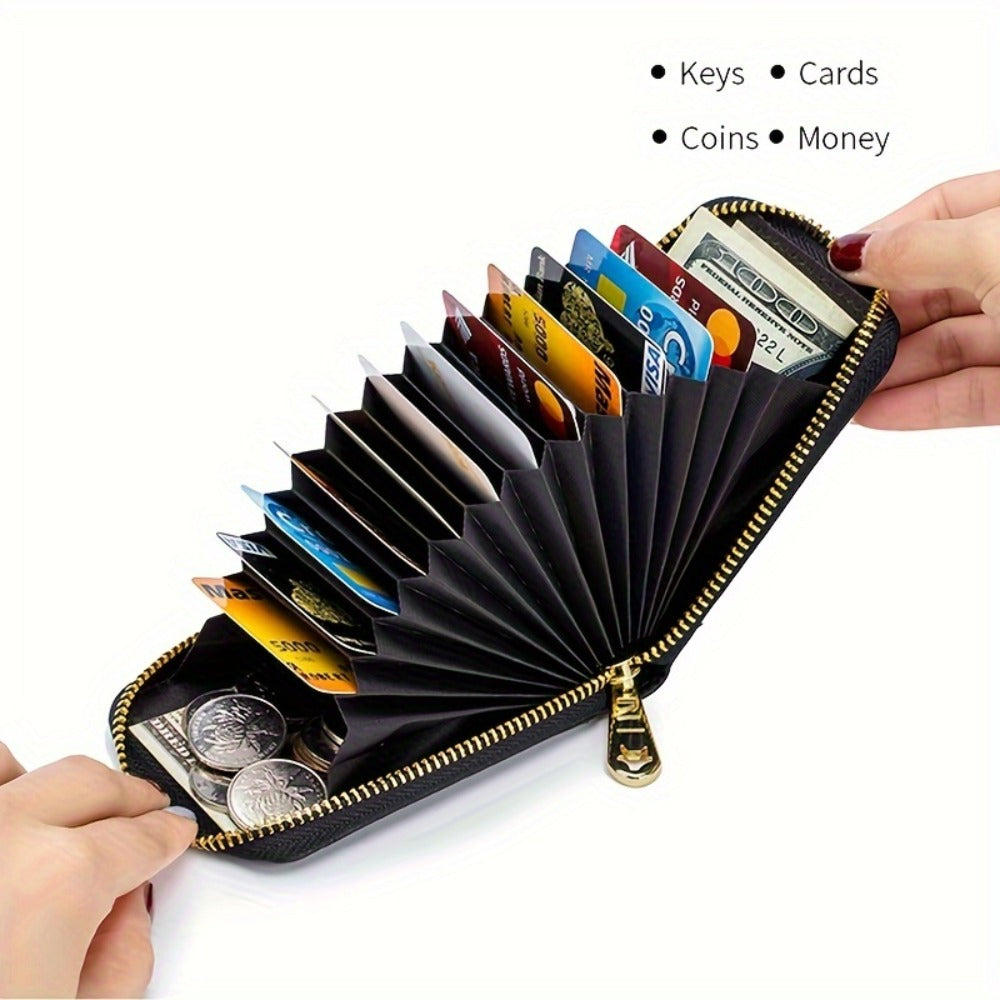 RFID Blocking Credit Card Holder Wallet With Keychain & ID Window Small Leather Zipper Card Case For Women (Vertical 12 Slots)