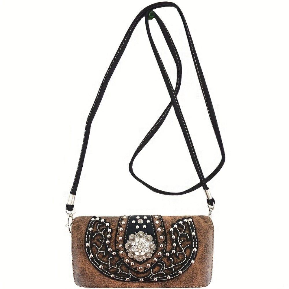 Women' Western Cowgirl Rhinestone & Concho Studded Handbag and Wallet Set - Brown Purse with Zipper Closure, Suitable for Country, Ranch, Daily Use, Gift for Horse /Equestrian Events