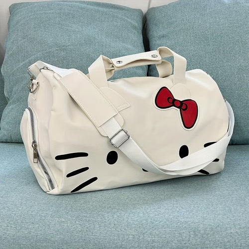 Large-Capacity Cute Cat Hellokitty Style Travel Bag, Hand-Held And Cross-Body Dual-Purpose Fitness Bag, Classic Red Butterfly Knot Cute Design. with Side Zipper Pockets, Can Be Attached to The Suitcase Handle, Suitable for Travel
