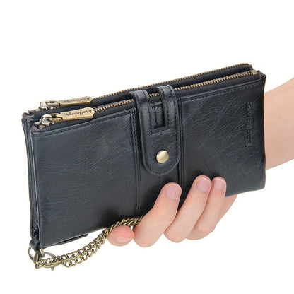 Men'S Rfid-Blocking Bifold Wallet with Anti-Theft Chain, Double Zipper, Secure Handbag, Coin Pocket, And ID Window - Perfect Gift