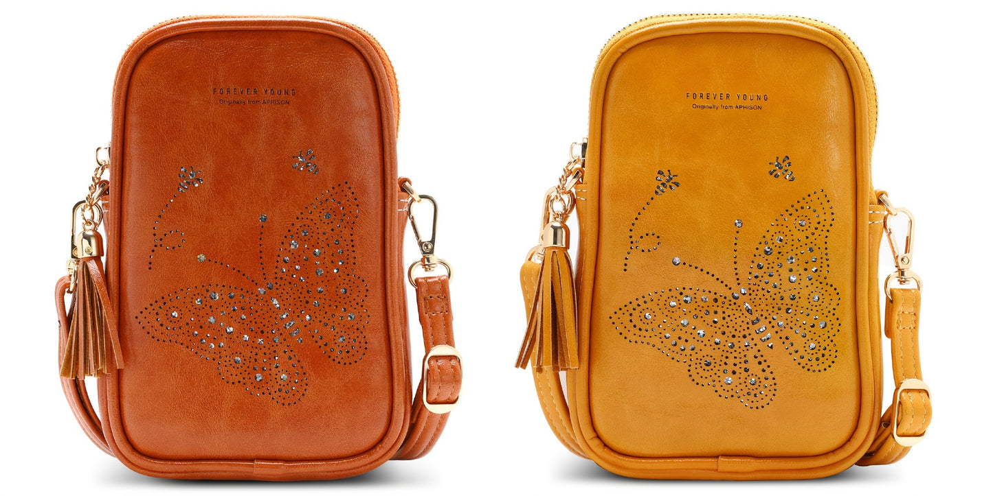 1pc APHISON Elegant Butterfly Print Crossbody Bag For Women, Lightweight Faux Leather Mini Cell Phone Purse With Adjustable Strap And Tassel Detail, Animal Theme, Zip Closure, Anti-Fade, Faux Leather Lining PU Shoulder Tote Bag Gift For Mom Zipper