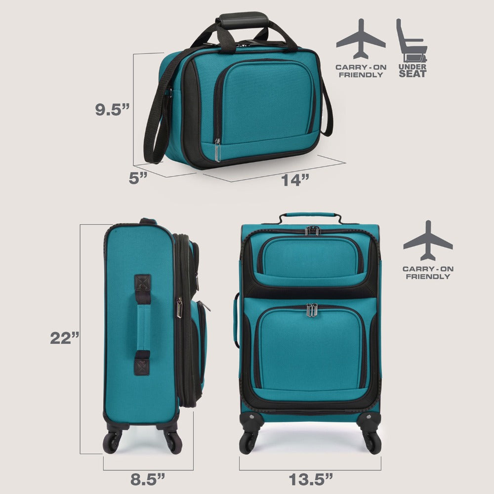 U.S. Traveler Rio II 2-Pcs Polyester Carry-on Suitcase w/ Tote | Soft Shell, Lightweight, Expandable & 360° Dual Spinner Wheels | Two-Tone, Colorblock, Matching Color, Black, Evergreen & Teal - Travel Luggage Set for Travel, Business Trips, and Weekend Ge