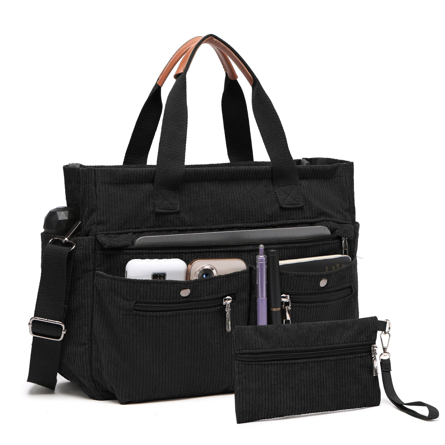 Corduroy Tote Bag Set (2PCS) for Women, Laptop Work Bags Crossbody Shoulder Hobo Messenger Handbag Purse Travel Gym Totes