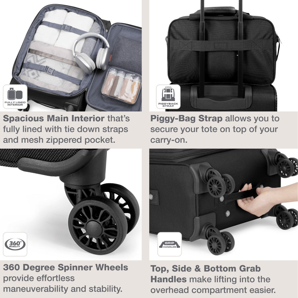 U.S. Traveler Rio II 2-Pcs Polyester Carry-on Suitcase w/ Tote | Soft Shell, Lightweight, Expandable & 360° Dual Spinner Wheels | Two-Tone, Colorblock, Matching Color, Black, Evergreen & Teal - Travel Luggage Set for Travel, Business Trips, and Weekend Ge