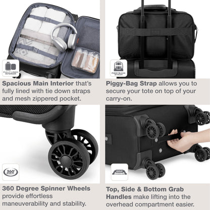 U.S. Traveler Rio II 2-Pcs Polyester Carry-on Suitcase w/ Tote | Soft Shell, Lightweight, Expandable & 360° Dual Spinner Wheels | Two-Tone, Colorblock, Matching Color, Black, Evergreen & Teal - Travel Luggage Set for Travel, Business Trips, and Weekend Ge