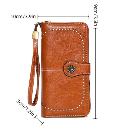Anti-theft Ladies Wallet - Sunflower Pattern, 12 Card, Mobile Phone Bag, ID Card Window And Zipper Wristband, Fashionable Retro Synthetic Leather Long Wallet, Zipper Closure, Perfect for Daily Use, Daily Wallet | Modern Wallet | Durable Zipper Wallet