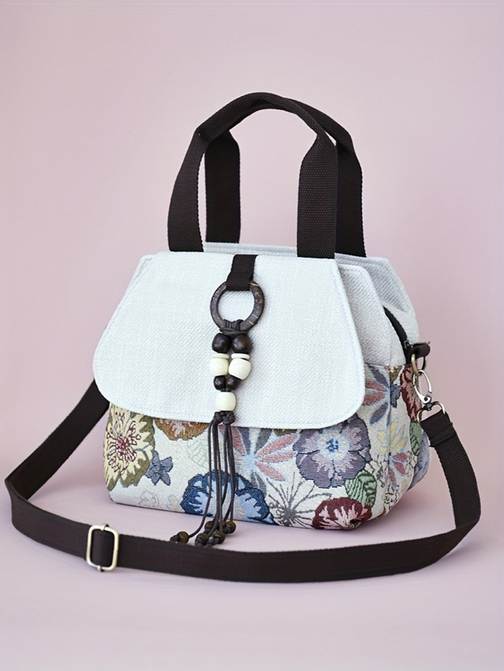 Bohemian Floral Crossbody, Multi-Compartment Handbag with Beaded Accents, Zipper Closure And, Casual Vacation Everyday Purse, Travel Accessory, Ethnic Pattern, Stylish Accents, Women'S Accessory, Stylish Shoppers