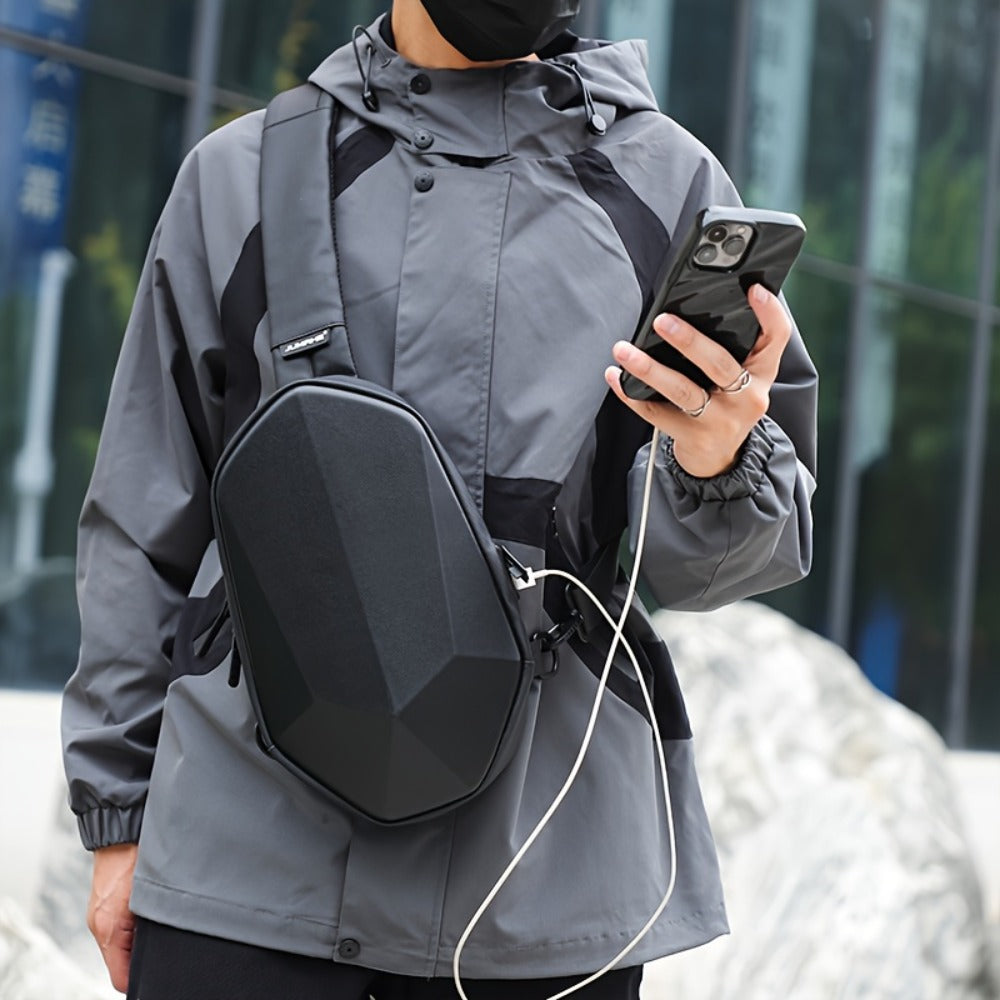 [Hard Shell Chest Bag] JUAMHE Men's Geometric Hard Shell Chest Bag, Scratch-Resistant and Crossbody Backpack with USB Port, Everyday Casual Bag