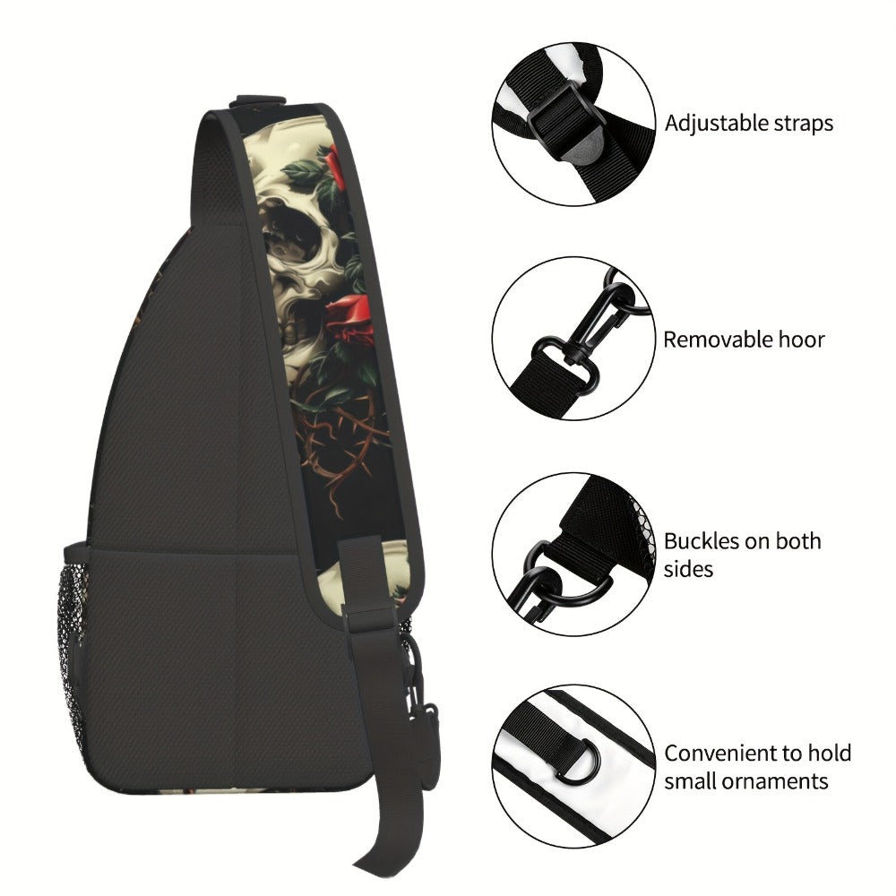 Crossbody Chest Hiking Backpack Skull And Red Roses Shoulder Folding Large Capacity Fashion Durable Can Be Used For Shopping, Work, Travel Beach Fishing Backpack Halloween Travel Backpack For School Back Christmas Gifts