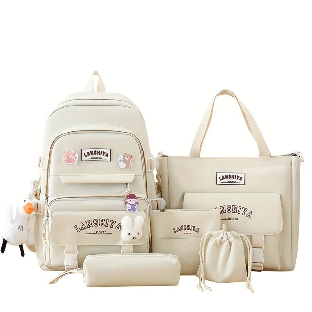 5pcs Solid Color Backpack Set in Material, Large Capacity Double-Shoulder Bag, Easy Tote, Pencil Bag, Casual Crossbody, Lightweight Student Backpack Set with Ducky Charm, 3 Badges, And Rabbit Charm, Position Print, Cute Style, for School Use