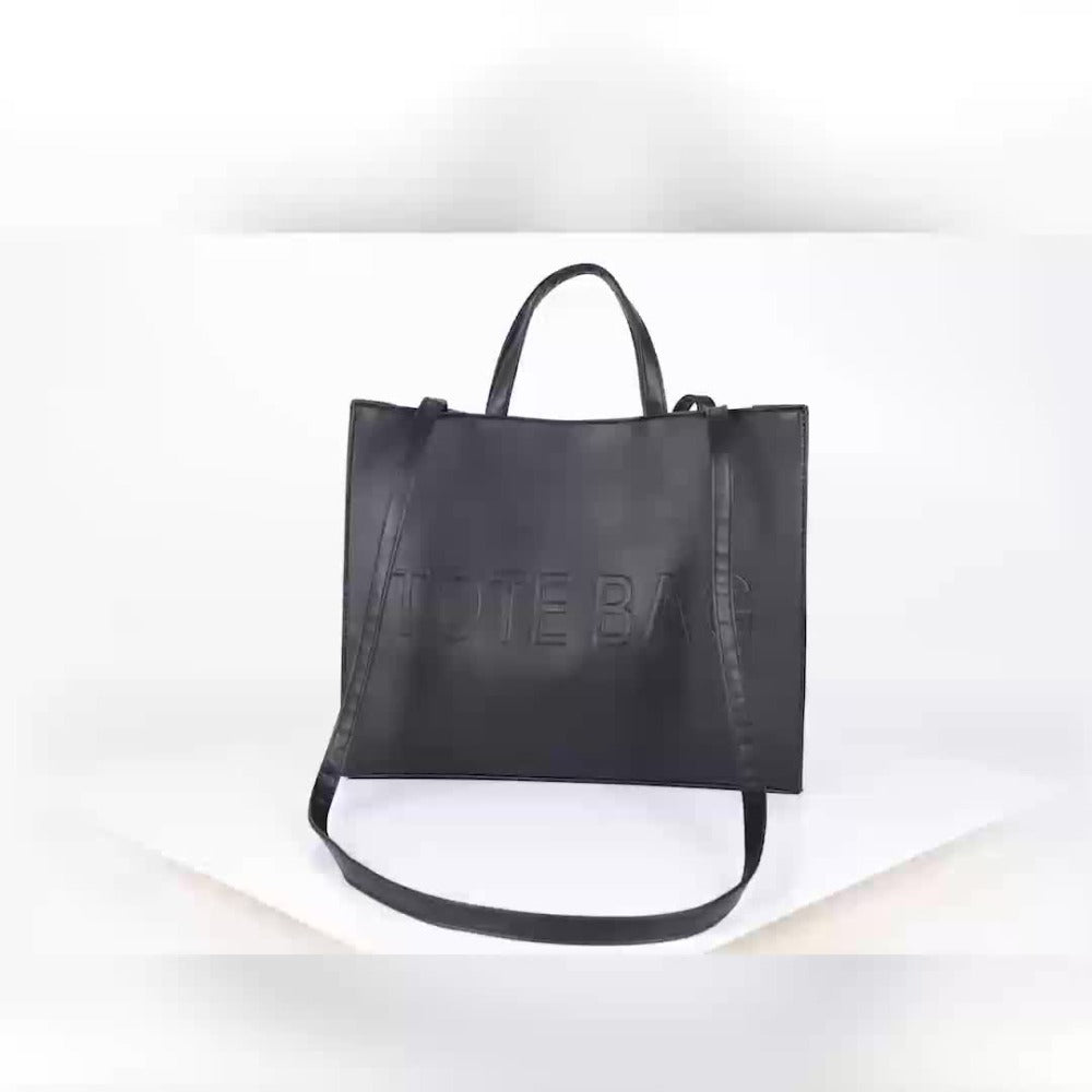 RAGSTO Women's Fashion Large Black Tote Bag, Embossed with "TOTE BAG" Lettering, High-Capacity Women's Shoulder/Underarm Bag, Work Bag, Lightweight and Durable Crossbody Handbag, Fixed Shoulder Strap, Ideal for Travel, Shopping, and Work