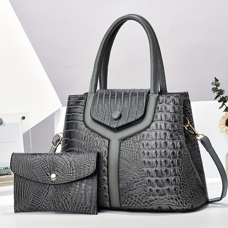 Stylish Women's Bag, Crocodile Pattern Two-piece Set Mother And Son Bag, Tote Bag, Simple And Versatile Large Capacity Handbag, Shoulder Bag, Crossbody Bag, Large Bag with Wallet