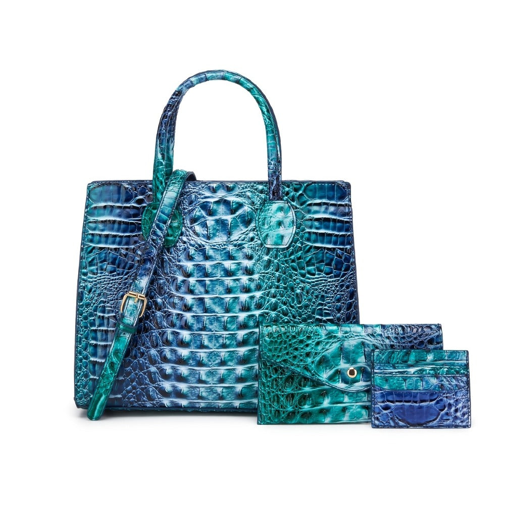 3pcs Colorful Crocodile Pattern Bag Set, Gradient Color Handbag, Women Tote Bag with Clutch Wallet And Credit Card Holder Coin Purse