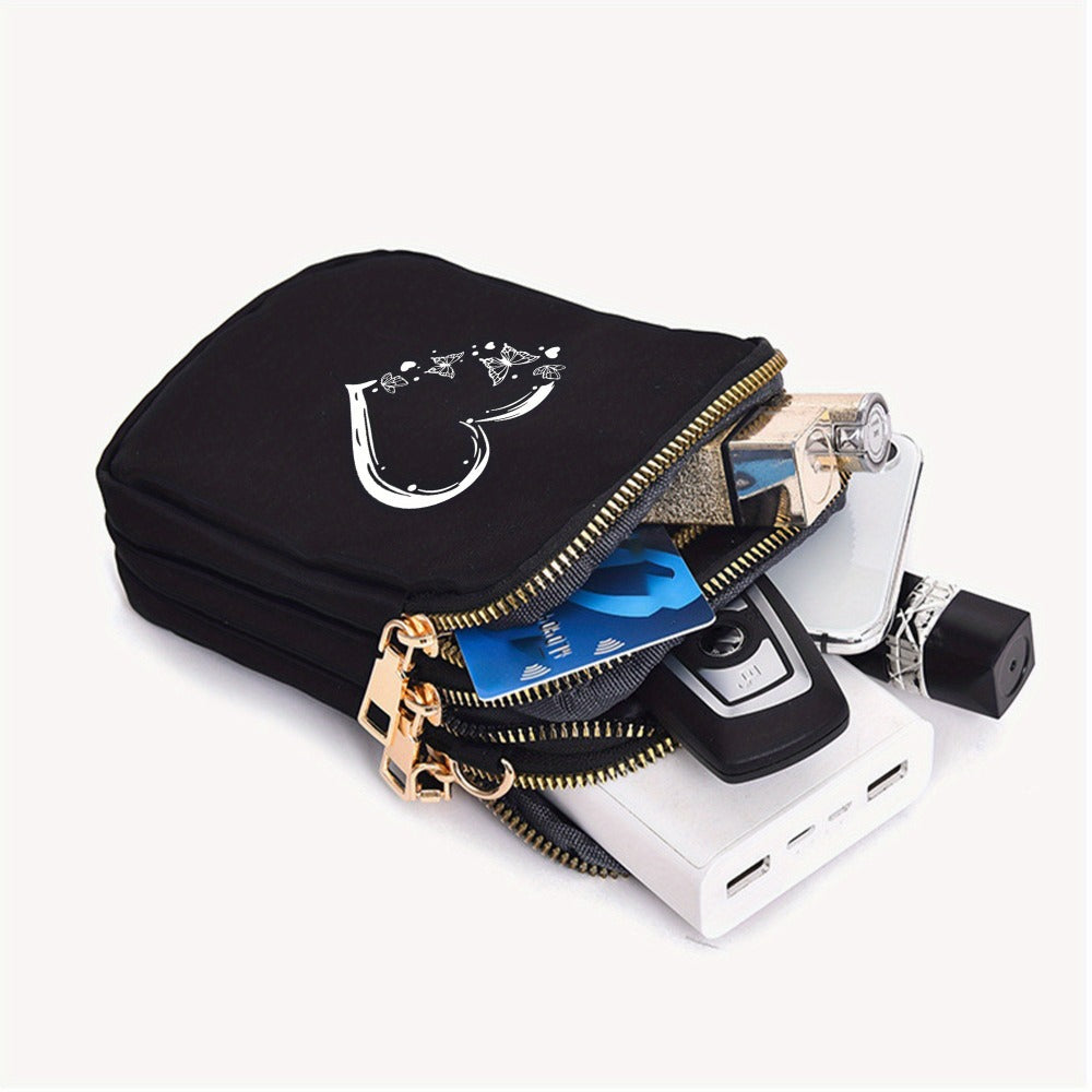 's Compact Crossbody Bag - Heart-Shaped Window with Golden Zipper, Adjustable Strap, Oxford Cloth Purse with Coin Pocket & Headphone Jack - Lightweight Everyday Bag for, Phone Purse for Travel, Work, School - Black Crossbody Bag with Butterfly Heart Print