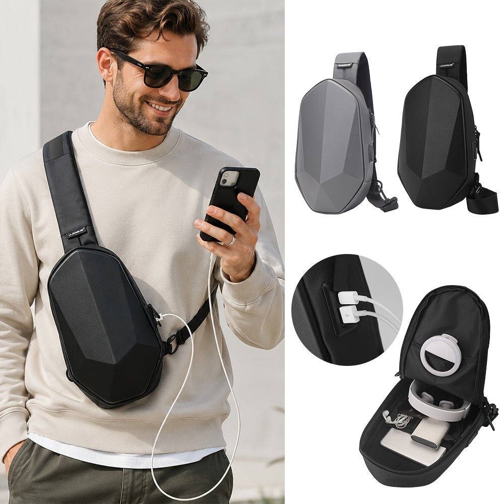 Geometric Sling Chest Bag with USB Charging Port, Hard Shell Crossbody Pack for Hiking Cycling