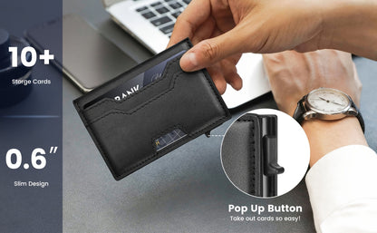 Wallet for Men, Mens Wallet Minimalist Slim Wallet, RFID Blocking Smart Pop Up Wallet with Money Clip & ID Window, Metal Compact Wallet, Aluminum Credit Card Holder Slim Leather Wallet Best Gift