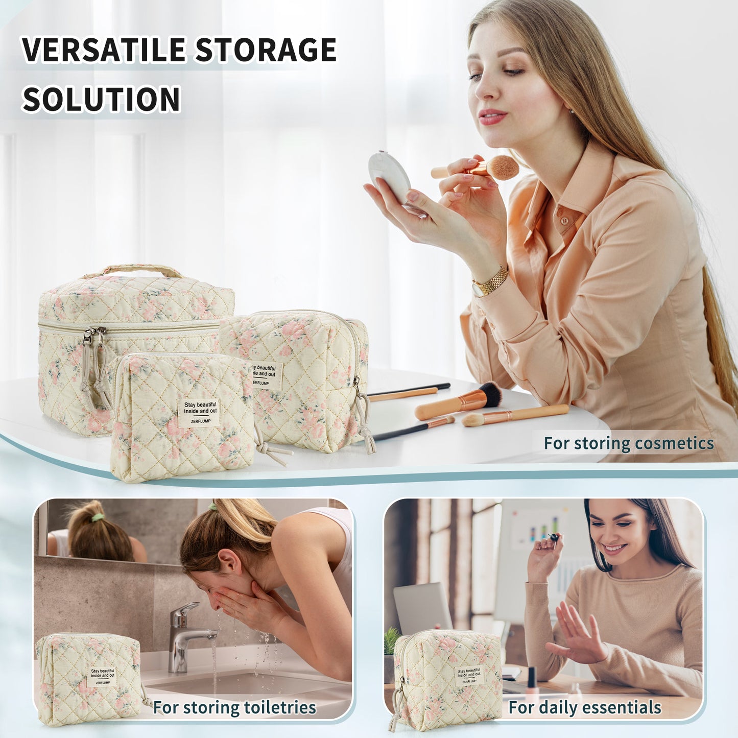 Cute Quilted Floral Makeup Bag (3Pcs)Coquette Aesthetic Cosmetic BagTravel Toiletry Bags Kawaii Aesthetic pouch for Women
