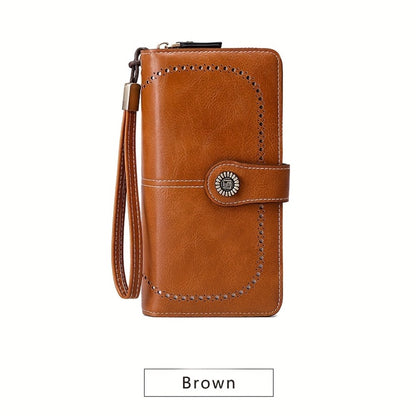 1pc RFID Blocking Long Wallet with 10 Practical Card Sleeves- Stylish Synthetic Leather Zipper Purse with Wrist Strap, Multi-Functional Card Holder for Women