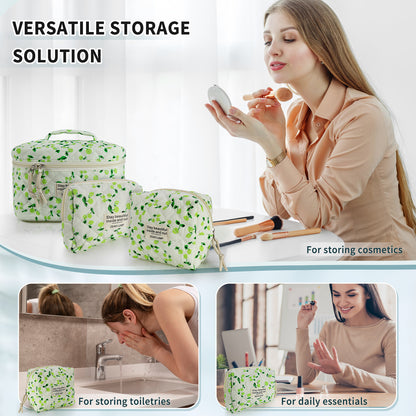 Cute Quilted Floral Makeup Bag (3Pcs)Coquette Aesthetic Cosmetic BagTravel Toiletry Bags Kawaii Aesthetic pouch for Women