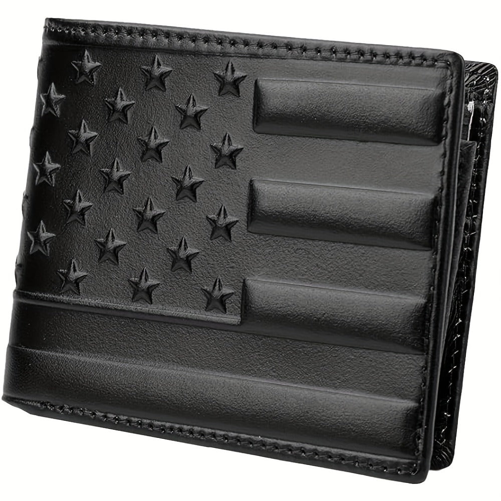 1pc Brown Genuine Leather Wallet Featuring an Embossed Flag Pattern, Designed in a Vintage Western Cowboy Style with Exquisite USA Flag Stars. It Has a Bifold Design with ID Windows And Card Slots, Making It a Short Bifold Wallet