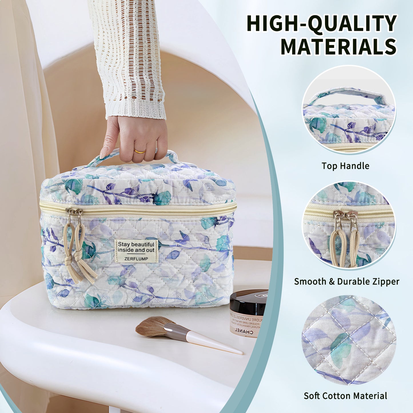 Cute Quilted Floral Makeup Bag (3Pcs)Coquette Aesthetic Cosmetic BagTravel Toiletry Bags Kawaii Aesthetic pouch for Women