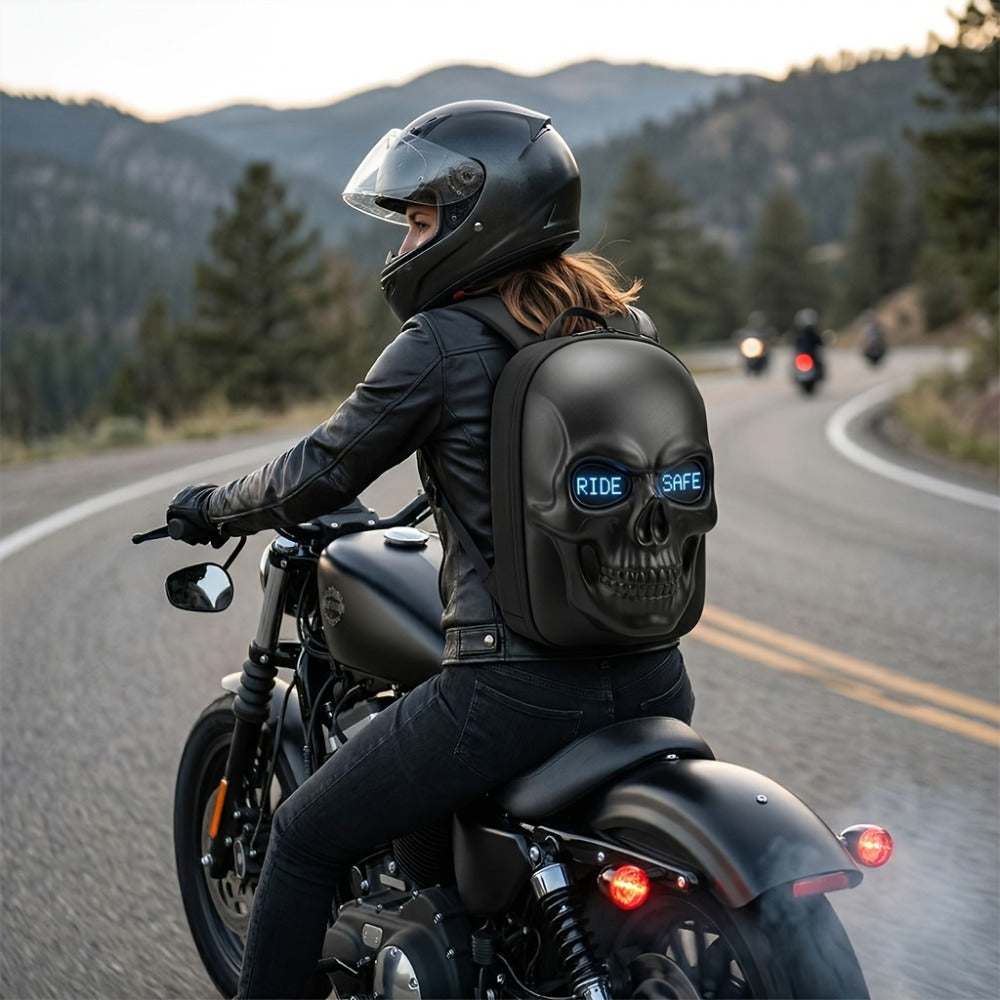 Cool 3D Skull LED Backpack with Programmable Animated Eyes, Smart App Control Hard Shell Motorcycle Bag for Cycling And Riding, Large Capacity Storage Casual Daypack, Fun Travel Backpack, Interactive Laptop Bag